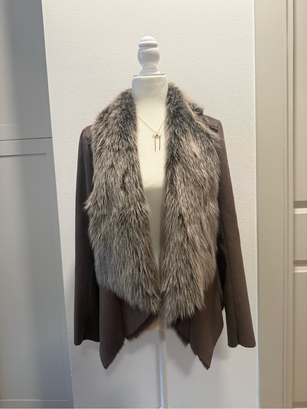 BCBGeneration Taupe Faux Fur Collar Draped Jacket Size S